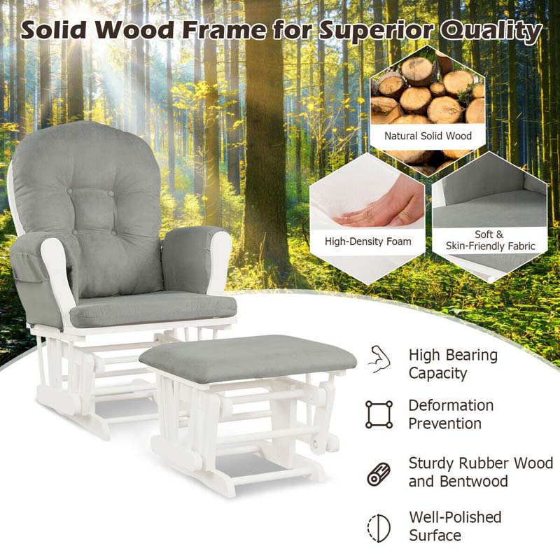 Nursery Glider & Ottoman Set, Upholstered Baby Glider Rocker Chair with Cushion, Storage Pocket, Solid Wood Base for Breastfeeding Napping