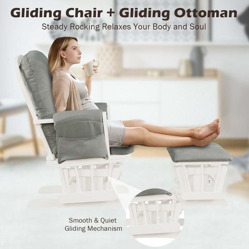 Nursery Glider & Ottoman Set, Upholstered Baby Glider Rocker Chair with Cushion, Storage Pocket, Solid Wood Base for Breastfeeding Napping