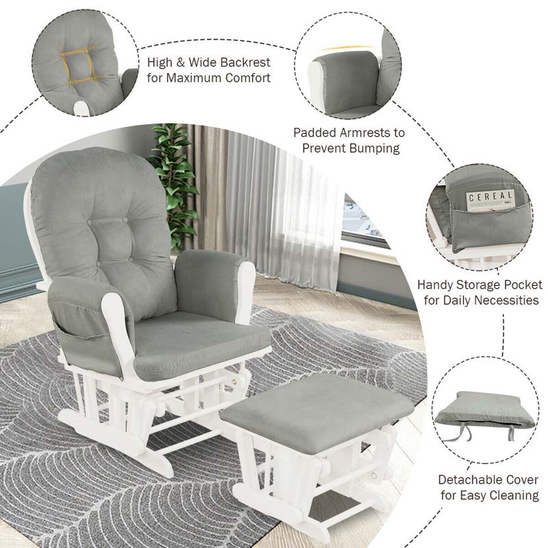 Nursery Glider & Ottoman Set, Upholstered Baby Glider Rocker Chair with Cushion, Storage Pocket, Solid Wood Base for Breastfeeding Napping