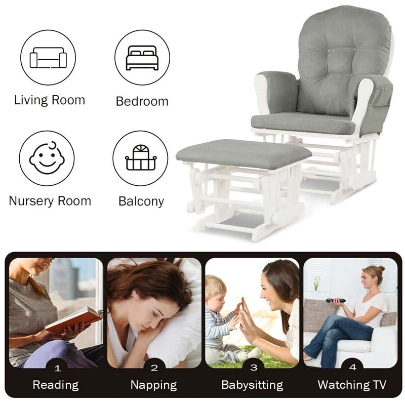 Nursery Glider & Ottoman Set, Upholstered Baby Glider Rocker Chair with Cushion, Storage Pocket, Solid Wood Base for Breastfeeding Napping