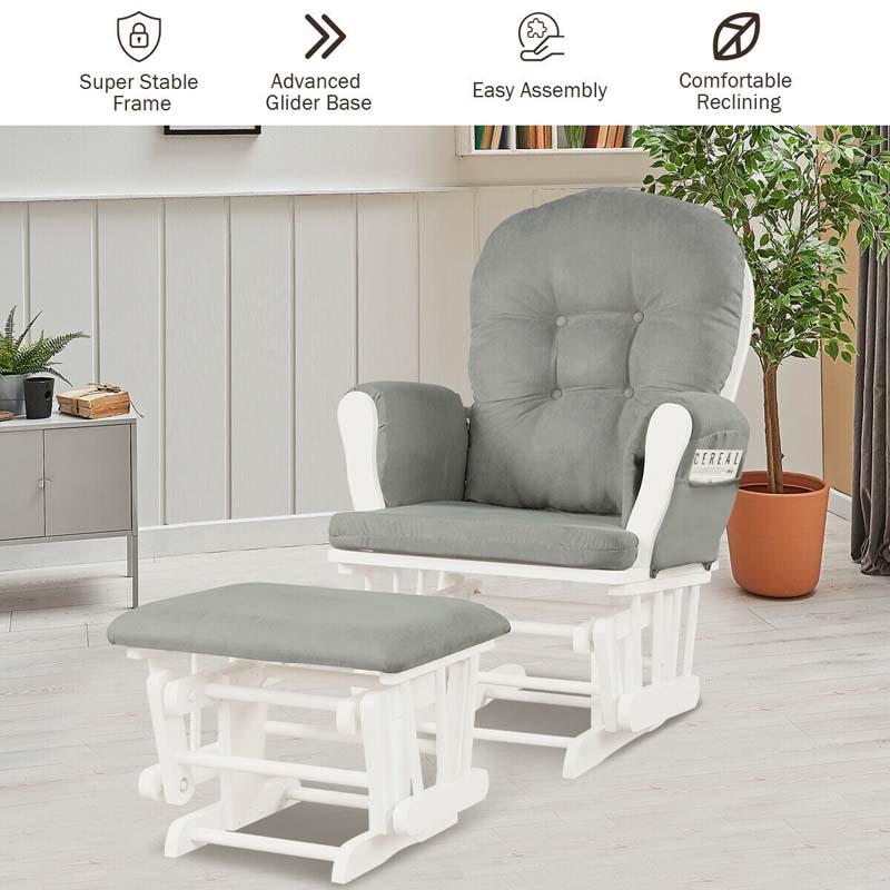 Nursery Glider & Ottoman Set, Upholstered Baby Glider Rocker Chair with Cushion, Storage Pocket, Solid Wood Base for Breastfeeding Napping