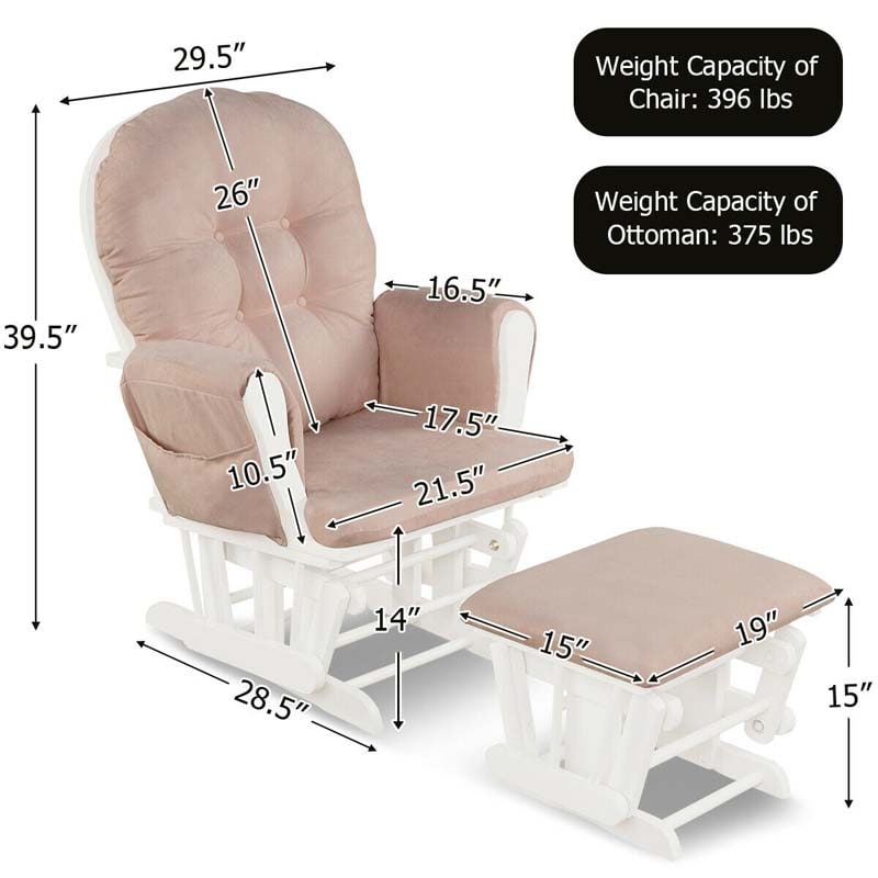 Nursery Glider & Ottoman Set, Upholstered Baby Glider Rocker Chair with Cushion, Storage Pocket, Solid Wood Base for Breastfeeding Napping