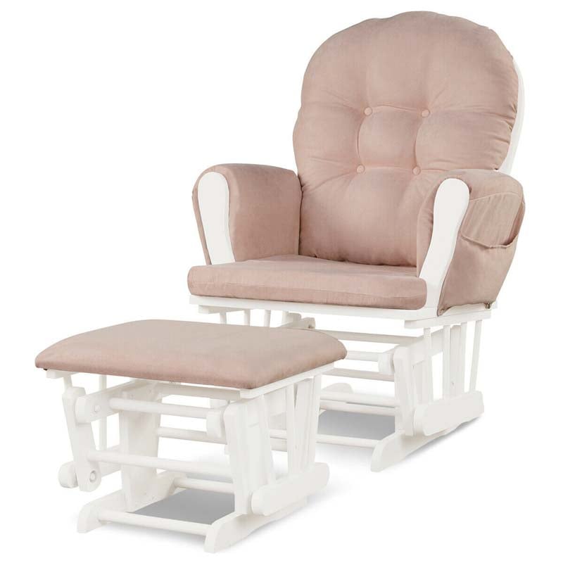 Nursery Glider & Ottoman Set, Upholstered Baby Glider Rocker Chair with Cushion, Storage Pocket, Solid Wood Base for Breastfeeding Napping