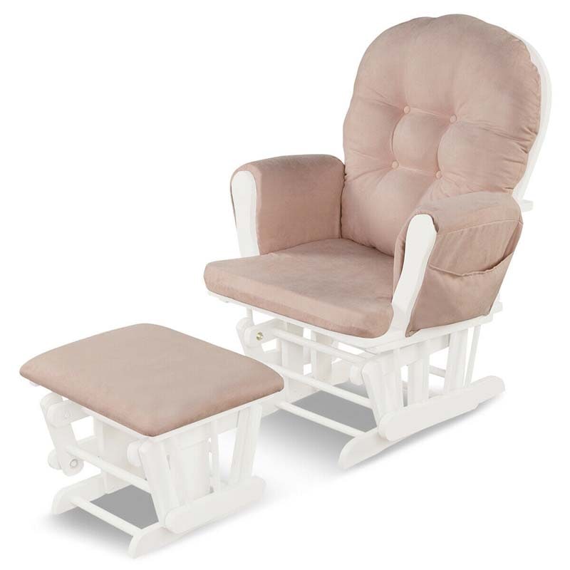 Nursery Glider & Ottoman Set, Upholstered Baby Glider Rocker Chair with Cushion, Storage Pocket, Solid Wood Base for Breastfeeding Napping