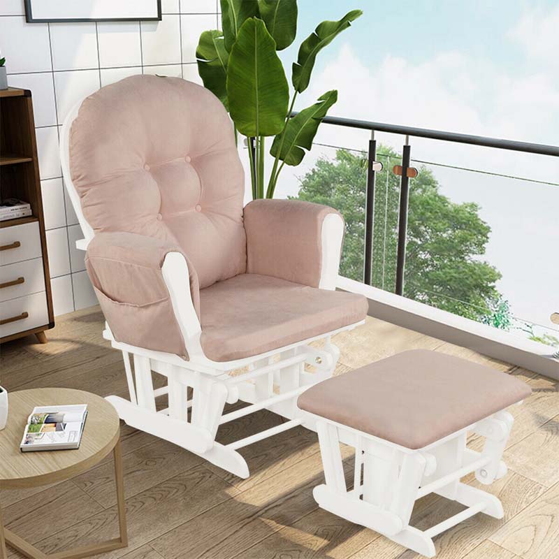 Nursery Glider & Ottoman Set, Upholstered Baby Glider Rocker Chair with Cushion, Storage Pocket, Solid Wood Base for Breastfeeding Napping