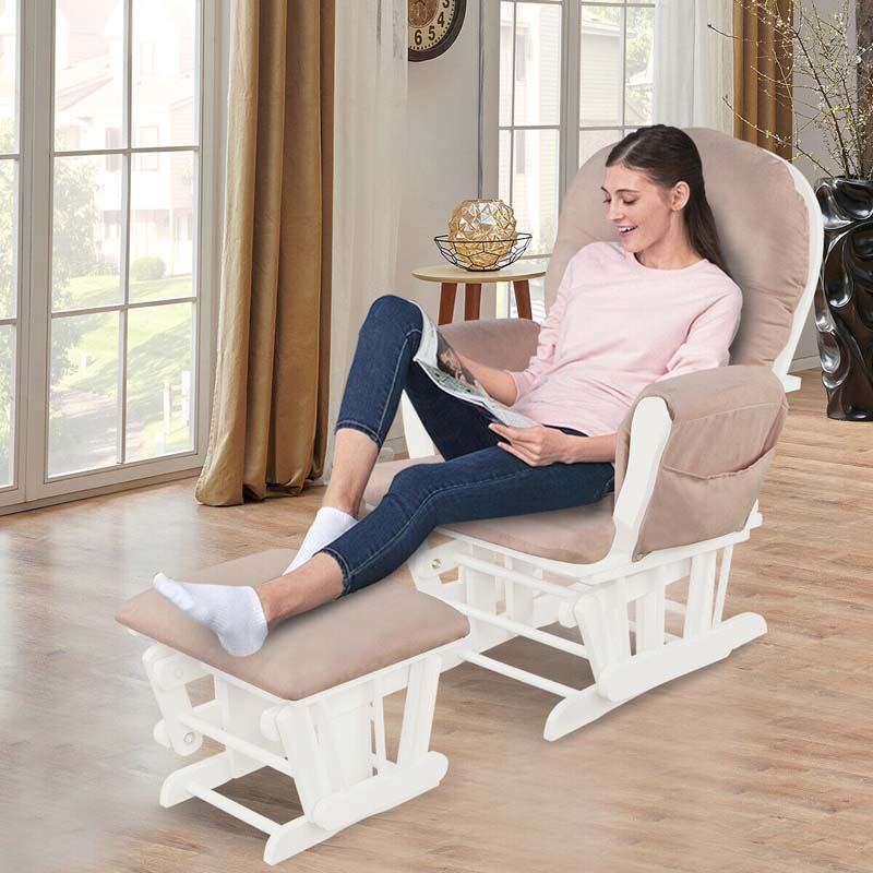 Nursery Glider & Ottoman Set, Upholstered Baby Glider Rocker Chair with Cushion, Storage Pocket, Solid Wood Base for Breastfeeding Napping