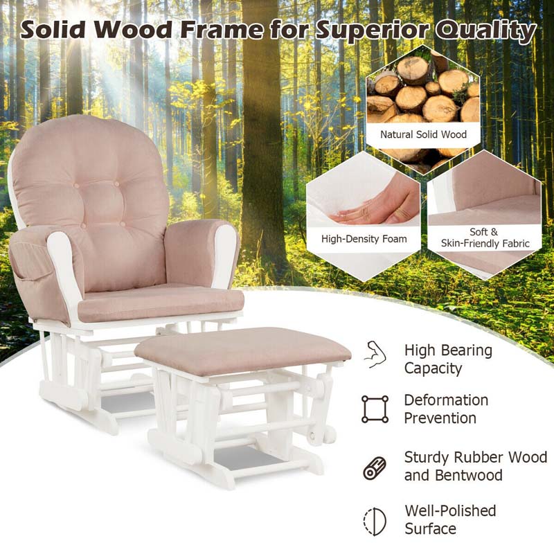 Nursery Glider & Ottoman Set, Upholstered Baby Glider Rocker Chair with Cushion, Storage Pocket, Solid Wood Base for Breastfeeding Napping