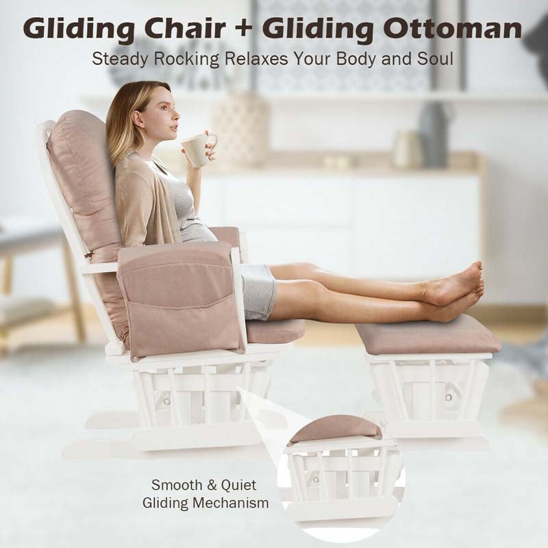 Nursery Glider & Ottoman Set, Upholstered Baby Glider Rocker Chair with Cushion, Storage Pocket, Solid Wood Base for Breastfeeding Napping