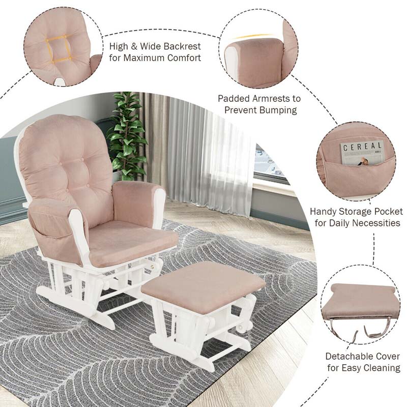 Nursery Glider & Ottoman Set, Upholstered Baby Glider Rocker Chair with Cushion, Storage Pocket, Solid Wood Base for Breastfeeding Napping