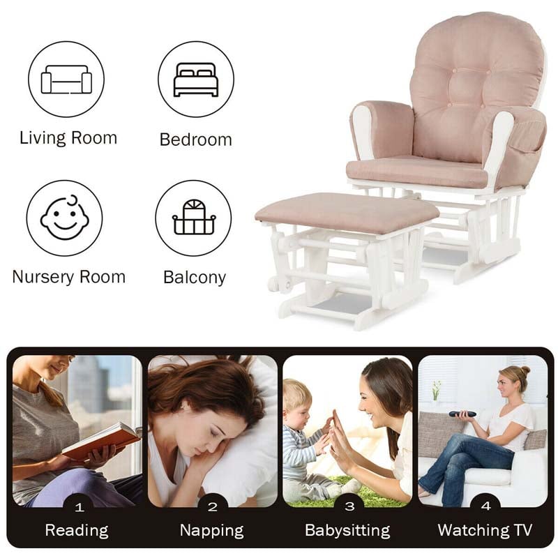 Nursery Glider & Ottoman Set, Upholstered Baby Glider Rocker Chair with Cushion, Storage Pocket, Solid Wood Base for Breastfeeding Napping