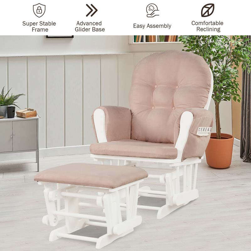 Nursery Glider & Ottoman Set, Upholstered Baby Glider Rocker Chair with Cushion, Storage Pocket, Solid Wood Base for Breastfeeding Napping