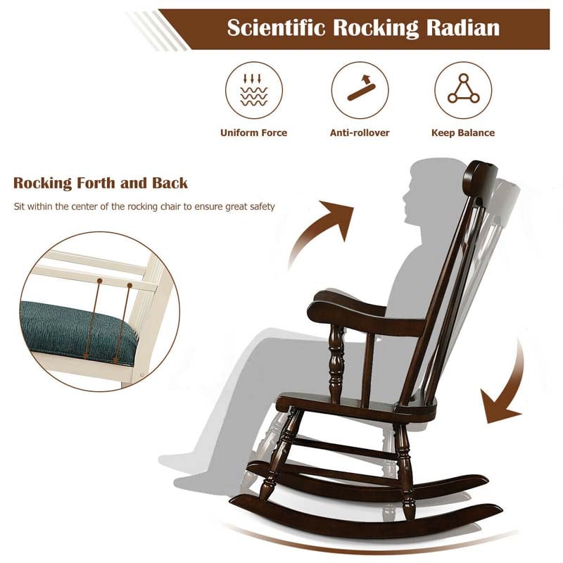 Outdoor Solid Wood Rocking Chair, High Back Porch Rocker Glossy Finish for Patio, Backyard, Balcony, Garden & Indoor Use