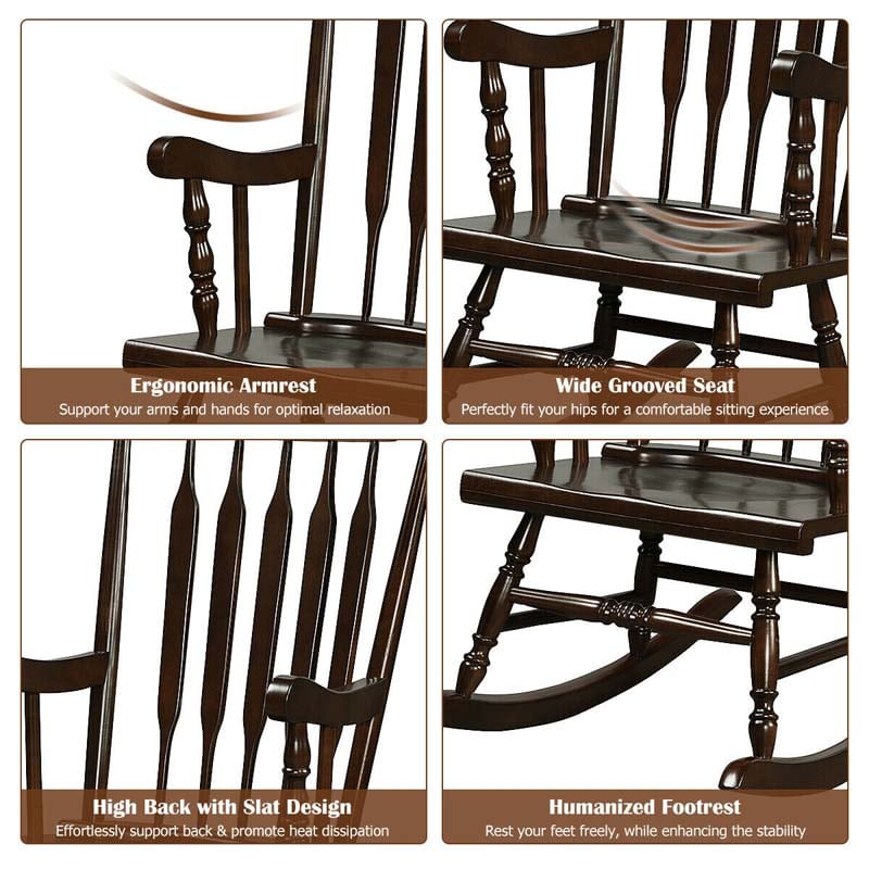 Outdoor Solid Wood Rocking Chair, High Back Porch Rocker Glossy Finish for Patio, Backyard, Balcony, Garden & Indoor Use