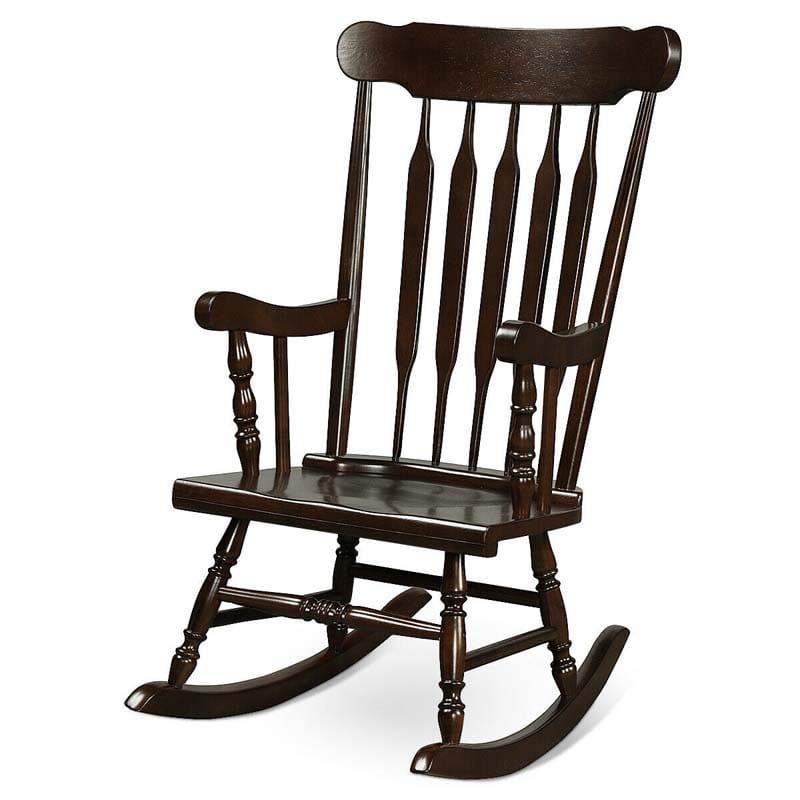 Outdoor Solid Wood Rocking Chair, High Back Porch Rocker Glossy Finish for Patio, Backyard, Balcony, Garden & Indoor Use