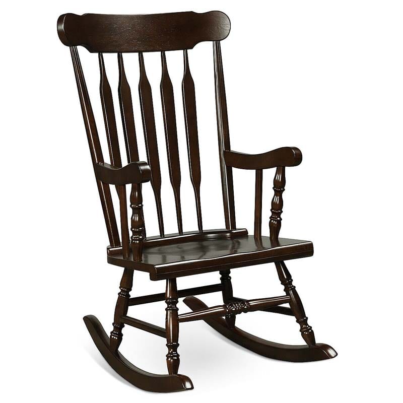 Outdoor Solid Wood Rocking Chair, High Back Porch Rocker Glossy Finish for Patio, Backyard, Balcony, Garden & Indoor Use