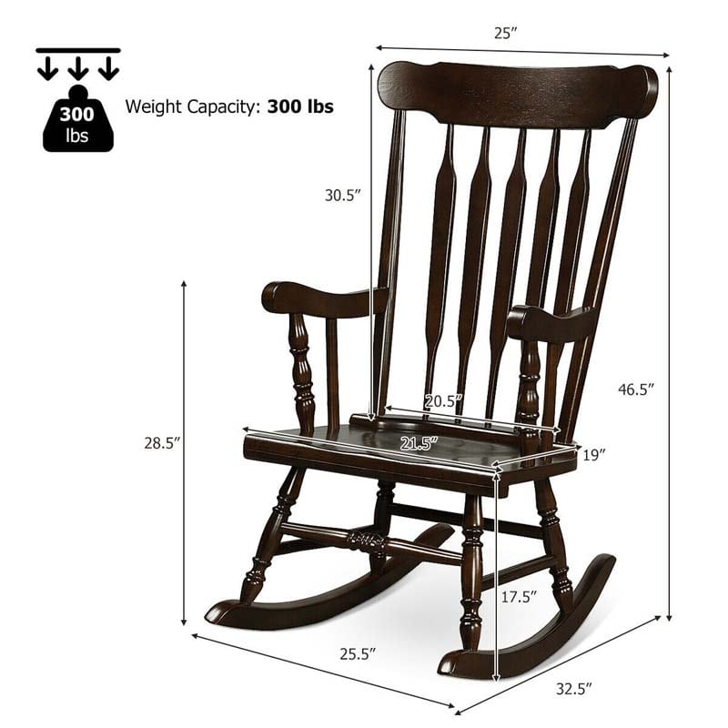 Outdoor Solid Wood Rocking Chair, High Back Porch Rocker Glossy Finish for Patio, Backyard, Balcony, Garden & Indoor Use