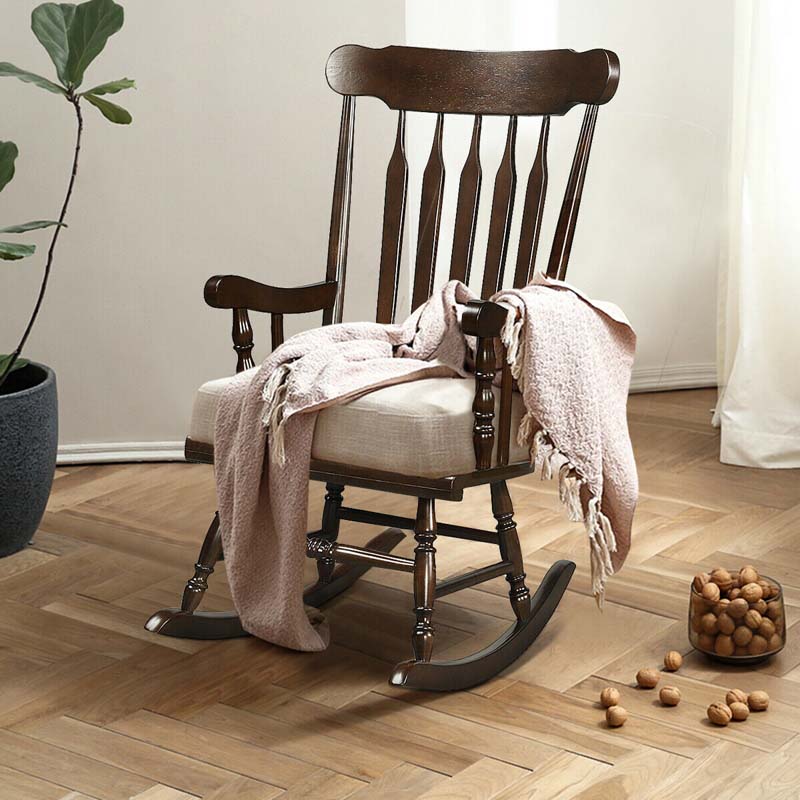 Outdoor Solid Wood Rocking Chair, High Back Porch Rocker Glossy Finish for Patio, Backyard, Balcony, Garden & Indoor Use