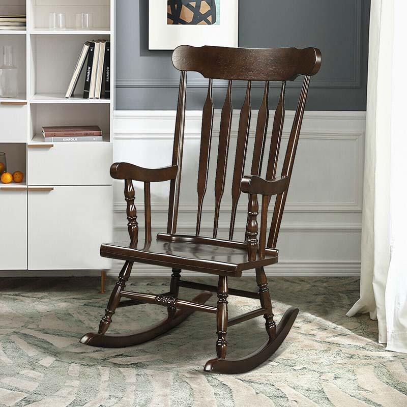 Outdoor Solid Wood Rocking Chair, High Back Porch Rocker Glossy Finish for Patio, Backyard, Balcony, Garden & Indoor Use