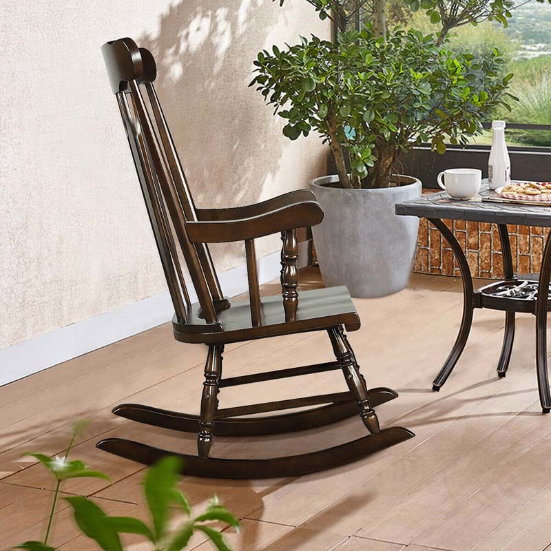 Outdoor Solid Wood Rocking Chair, High Back Porch Rocker Glossy Finish for Patio, Backyard, Balcony, Garden & Indoor Use