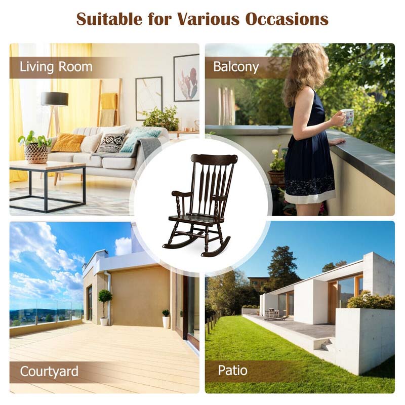 Outdoor Solid Wood Rocking Chair, High Back Porch Rocker Glossy Finish for Patio, Backyard, Balcony, Garden & Indoor Use