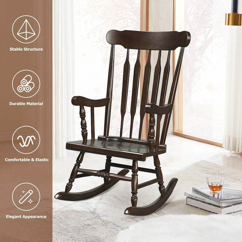 Outdoor Solid Wood Rocking Chair, High Back Porch Rocker Glossy Finish for Patio, Backyard, Balcony, Garden & Indoor Use