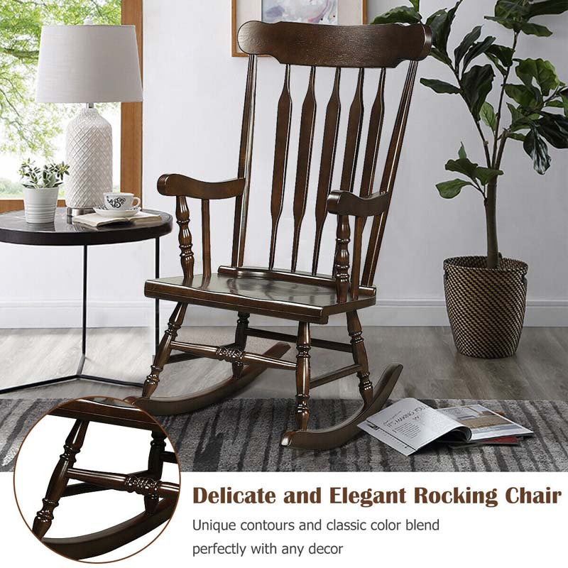 Outdoor Solid Wood Rocking Chair, High Back Porch Rocker Glossy Finish for Patio, Backyard, Balcony, Garden & Indoor Use