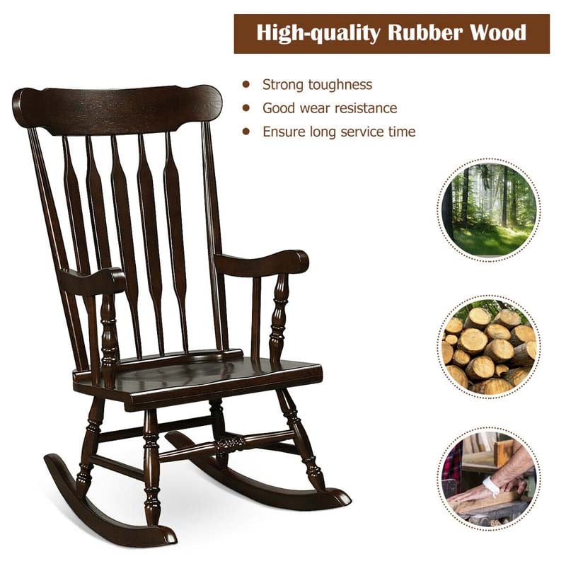 Outdoor Solid Wood Rocking Chair, High Back Porch Rocker Glossy Finish for Patio, Backyard, Balcony, Garden & Indoor Use