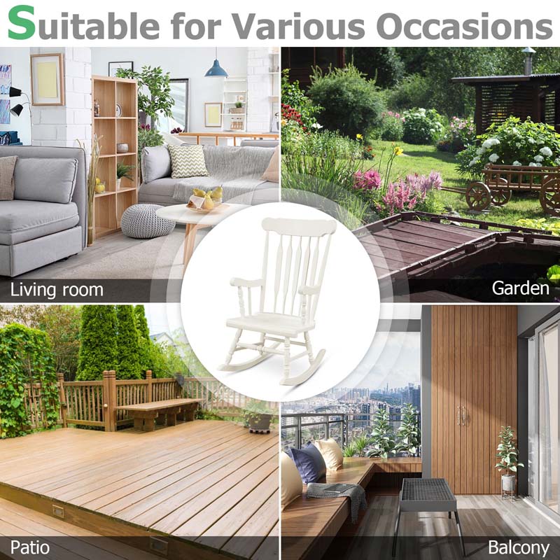 Outdoor Solid Wood Rocking Chair, High Back Porch Rocker Glossy Finish for Patio, Backyard, Balcony, Garden & Indoor Use