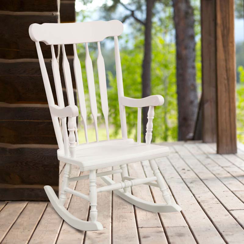 Outdoor Solid Wood Rocking Chair, High Back Porch Rocker Glossy Finish for Patio, Backyard, Balcony, Garden & Indoor Use