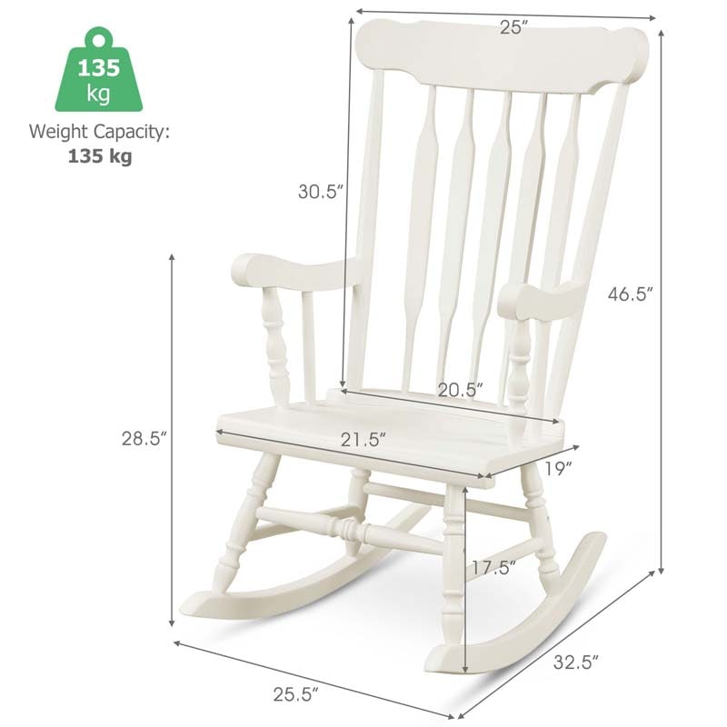 Outdoor Solid Wood Rocking Chair, High Back Porch Rocker Glossy Finish for Patio, Backyard, Balcony, Garden & Indoor Use