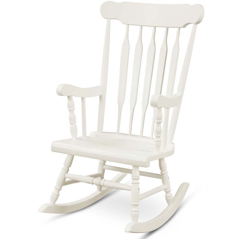 Outdoor Solid Wood Rocking Chair, High Back Porch Rocker Glossy Finish for Patio, Backyard, Balcony, Garden & Indoor Use