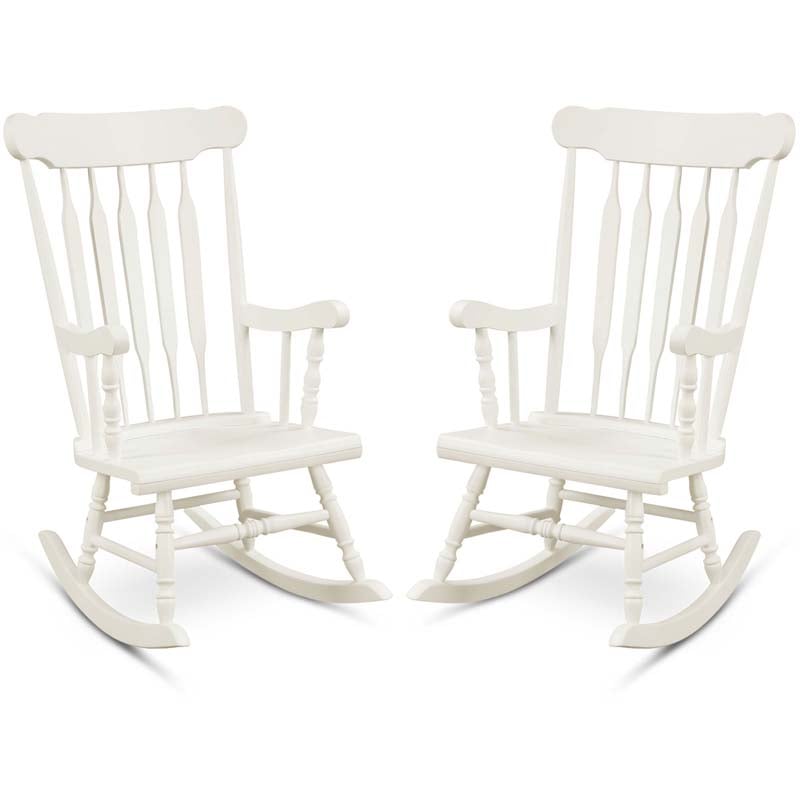Outdoor Solid Wood Rocking Chair, High Back Porch Rocker Glossy Finish for Patio, Backyard, Balcony, Garden & Indoor Use