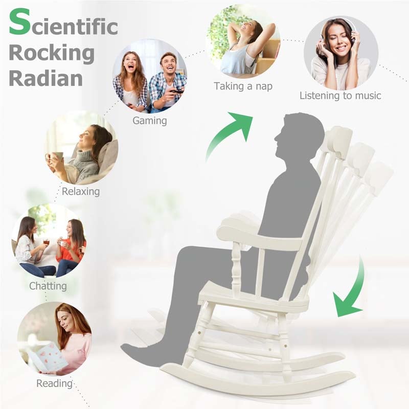 Outdoor Solid Wood Rocking Chair, High Back Porch Rocker Glossy Finish for Patio, Backyard, Balcony, Garden & Indoor Use