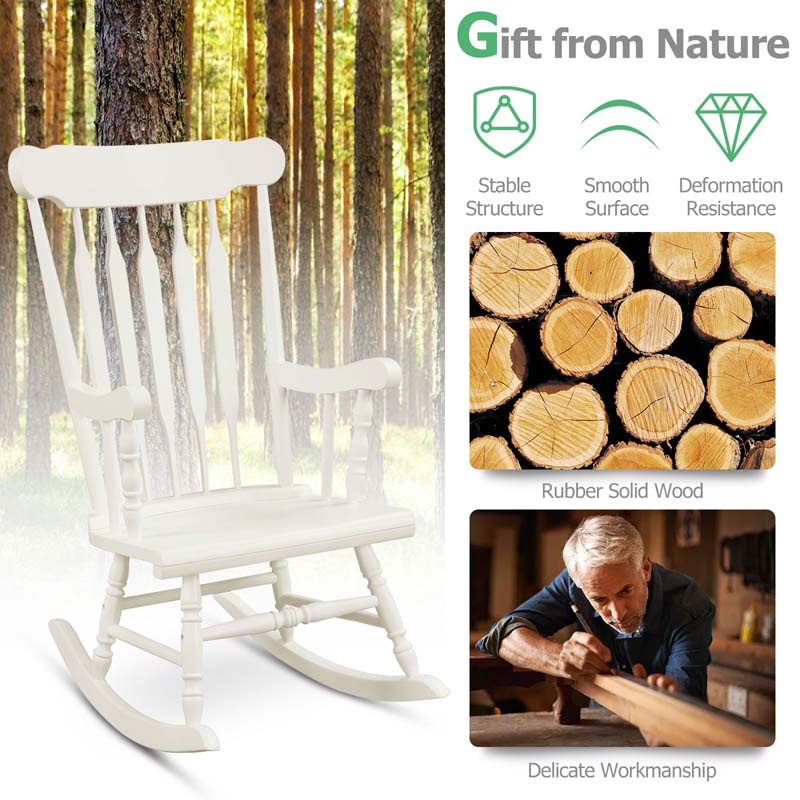 Outdoor Solid Wood Rocking Chair, High Back Porch Rocker Glossy Finish for Patio, Backyard, Balcony, Garden & Indoor Use