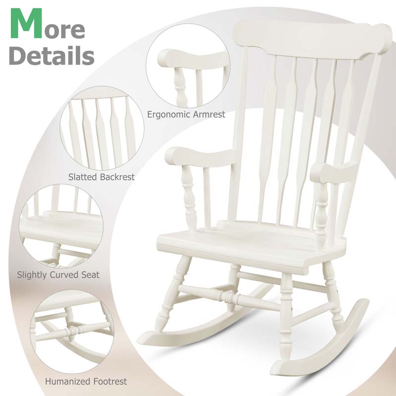 Outdoor Solid Wood Rocking Chair, High Back Porch Rocker Glossy Finish for Patio, Backyard, Balcony, Garden & Indoor Use