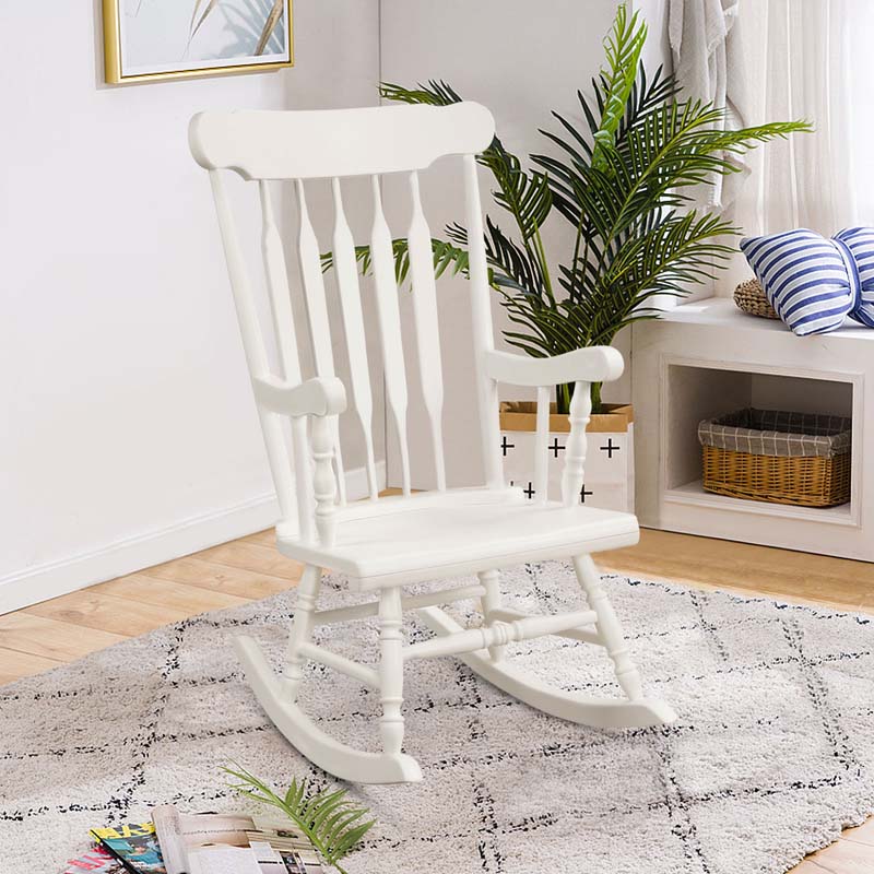 Outdoor Solid Wood Rocking Chair, High Back Porch Rocker Glossy Finish for Patio, Backyard, Balcony, Garden & Indoor Use