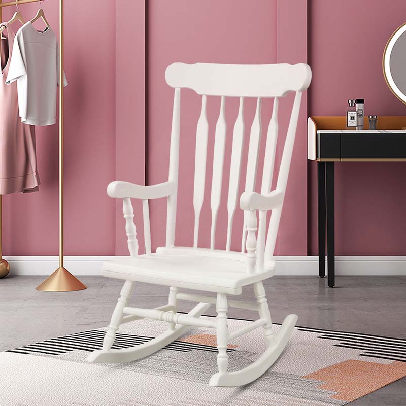 Outdoor Solid Wood Rocking Chair, High Back Porch Rocker Glossy Finish for Patio, Backyard, Balcony, Garden & Indoor Use