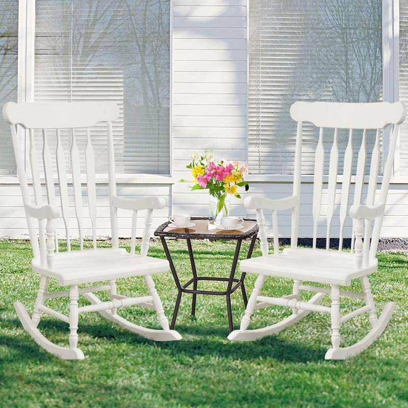 Outdoor Solid Wood Rocking Chair, High Back Porch Rocker Glossy Finish for Patio, Backyard, Balcony, Garden & Indoor Use