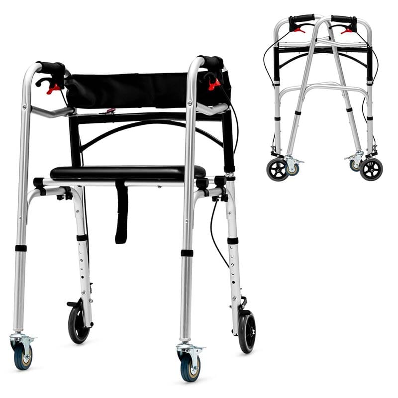 4-in-1 Rolling Walker for Seniors, Folding Stand Up Walker with 5" Wheels, Height Adjustable Medical Walking Mobility Aid