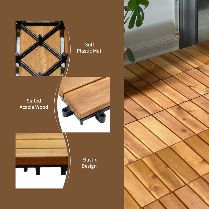 27PCS 12"x12" Acacia Wood Interlocking Deck Tiles, 27 Sq.Ft Waterproof Flooring Patio Pavers for Indoor Outdoor, Tool-Free Assembly