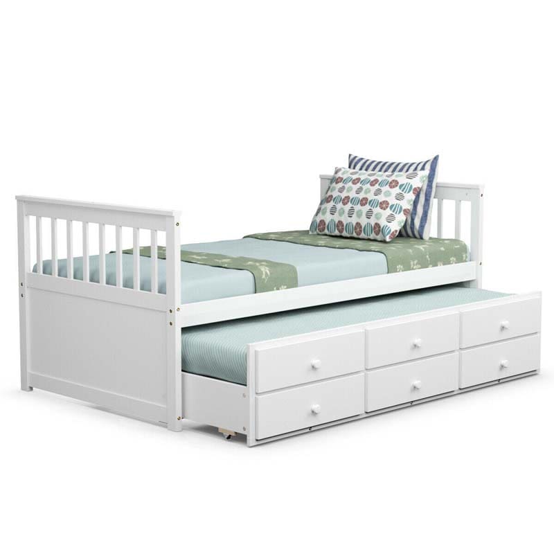 Twin Captain's Bed with Trundle Bed, Storage Daybed with 3 Drawers, Wooden Platform Bed for Kids Guests Sleepovers