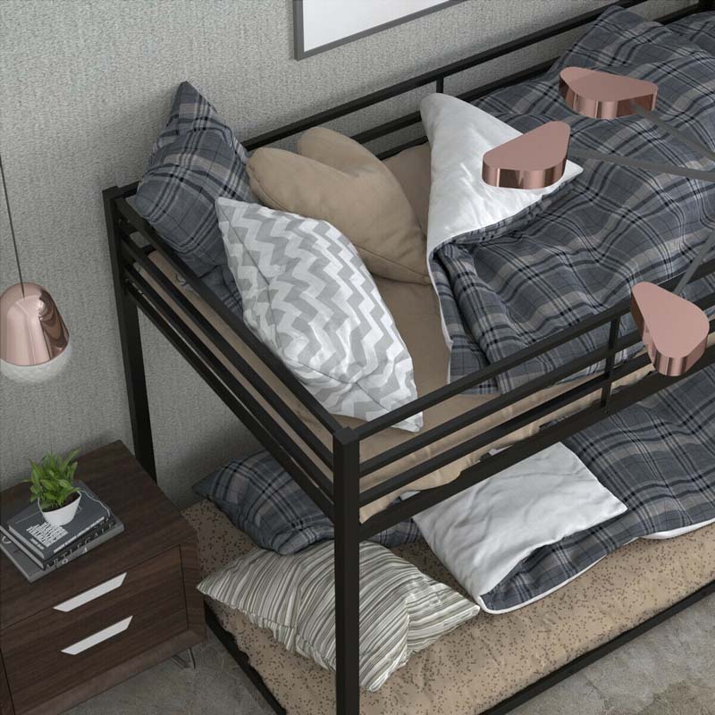 Metal Bunk Bed Twin Over Twin, Low Profile Bunk Bed Frame Platform with Ladder & Full Length Guardrail for Kids Teens, No Box Spring Needed