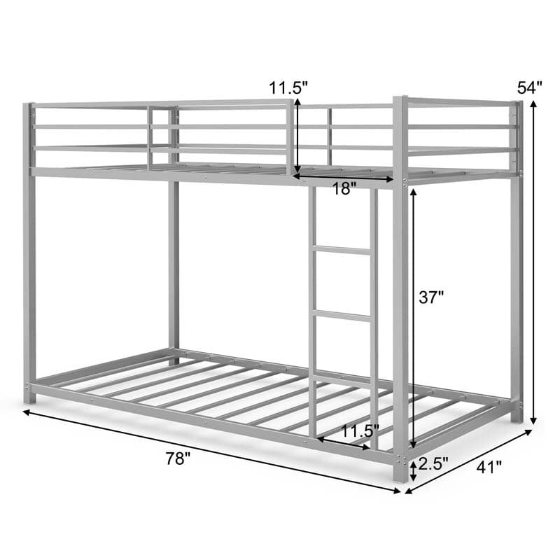 Metal Bunk Bed Twin Over Twin, Low Profile Bunk Bed Frame Platform with Ladder & Full Length Guardrail for Kids Teens, No Box Spring Needed