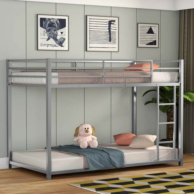 Metal Bunk Bed Twin Over Twin, Low Profile Bunk Bed Frame Platform with Ladder & Full Length Guardrail for Kids Teens, No Box Spring Needed