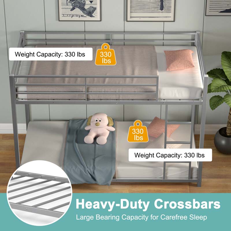 Metal Bunk Bed Twin Over Twin, Low Profile Bunk Bed Frame Platform with Ladder & Full Length Guardrail for Kids Teens, No Box Spring Needed