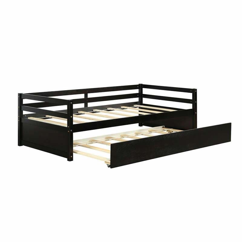 Twin Daybed with Trundle, Wooden Trundle Platform Bed Frame with Wood Slat Support for Guest, Kids & Living Rooms, No Box Spring Needed