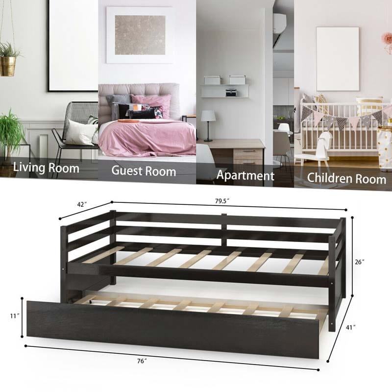 Twin Daybed with Trundle, Wooden Trundle Platform Bed Frame with Wood Slat Support for Guest, Kids & Living Rooms, No Box Spring Needed