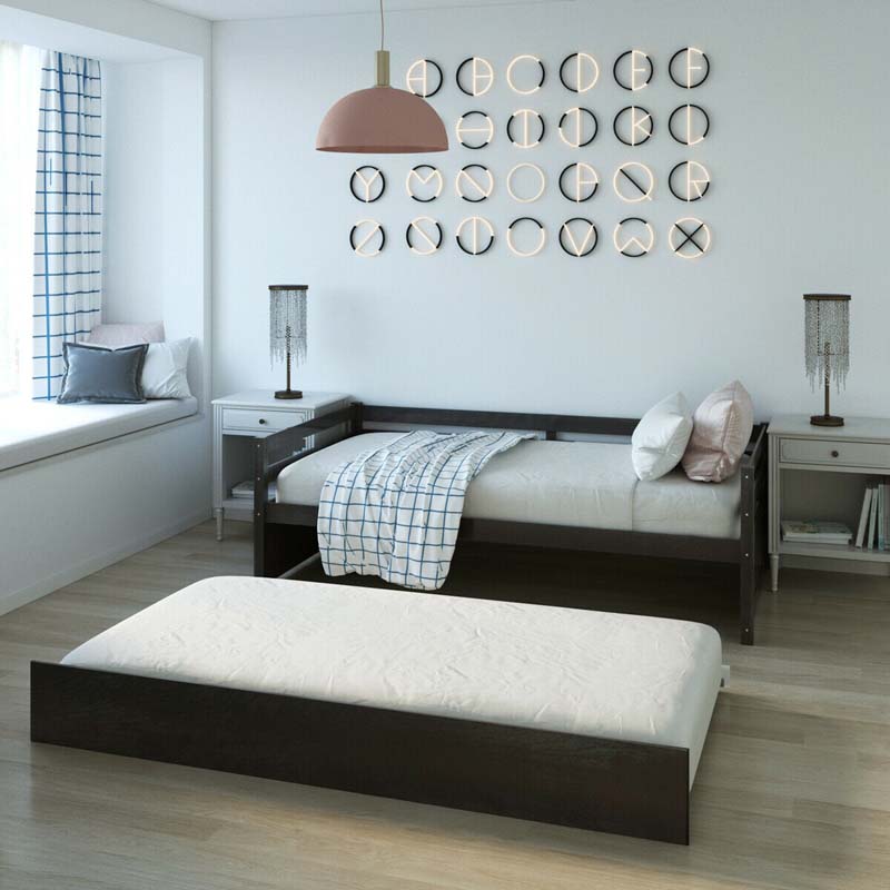 Twin Daybed with Trundle, Wooden Trundle Platform Bed Frame with Wood Slat Support for Guest, Kids & Living Rooms, No Box Spring Needed