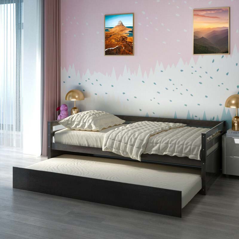 Twin Daybed with Trundle, Wooden Trundle Platform Bed Frame with Wood Slat Support for Guest, Kids & Living Rooms, No Box Spring Needed