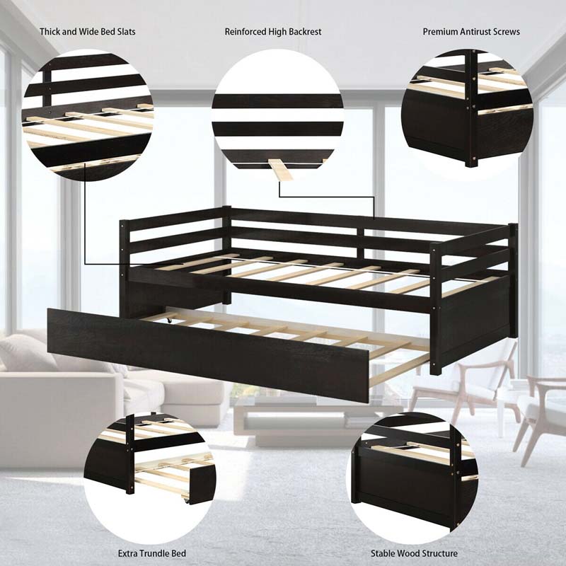 Twin Daybed with Trundle, Wooden Trundle Platform Bed Frame with Wood Slat Support for Guest, Kids & Living Rooms, No Box Spring Needed